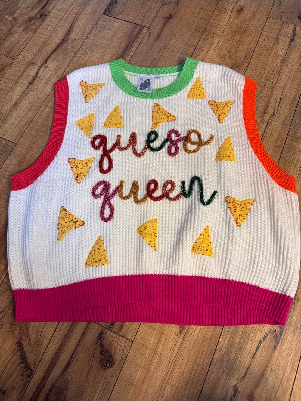QUEEN OF SPARKLES White 'Queso Queen' Knit Tank with Multicolor Trim